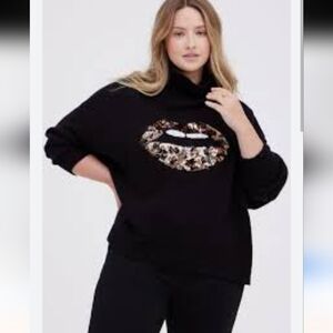New Torrid Sequins Lips Pullover Mock Neck Drop Shoulder Sweater 00/0 Med-Large